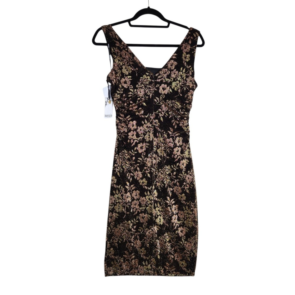 Kensie Womens Metallic Floral Cowl Neck Ruched Sheath Dress Black Gold 4